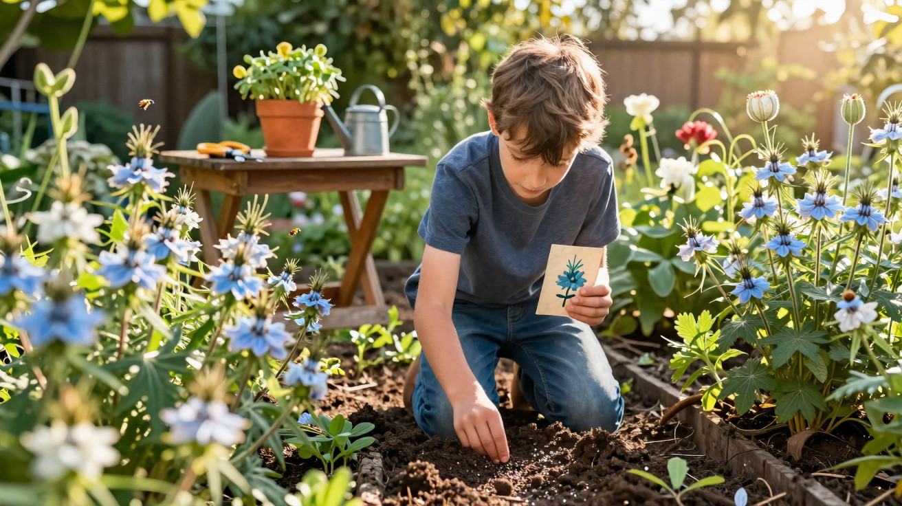 Criança a plantar sementes no jardim rodeado de flores coloridas e a segurar um cartão com desenho floral.