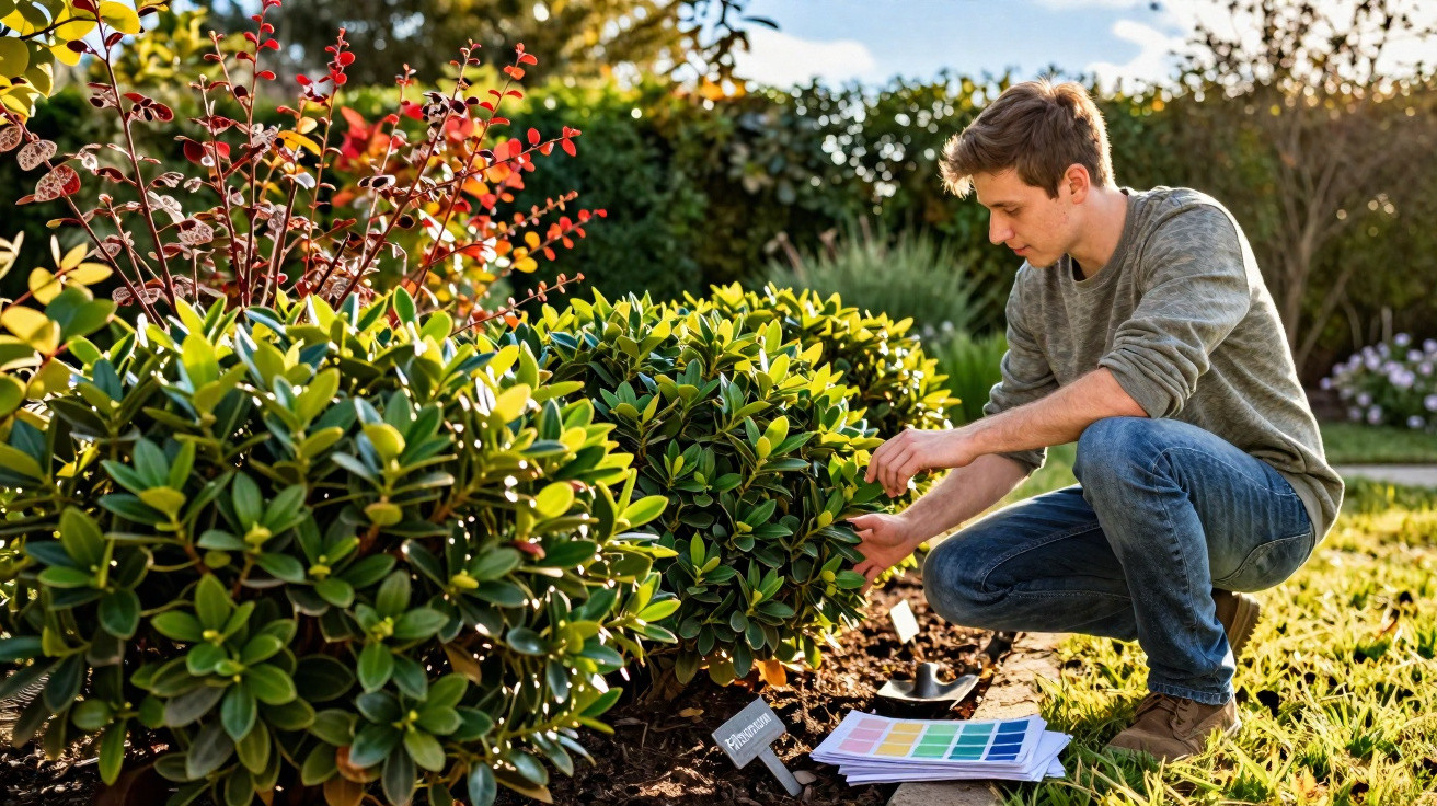 Homem jovem a cuidar de arbustos num jardim com amostras de cores e ferramentas no chão.