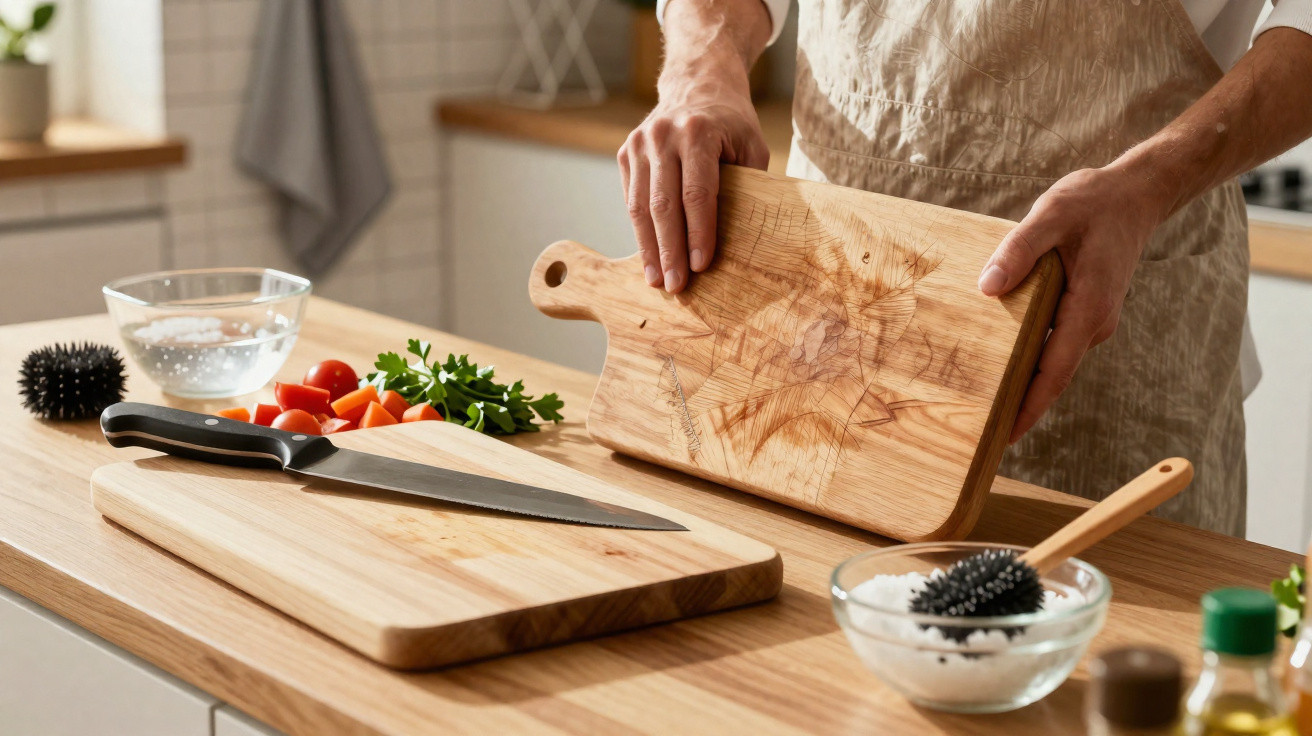 Pessoa a segurar tábua de madeira numa cozinha, com facas, legumes e utensílios sobre a bancada.