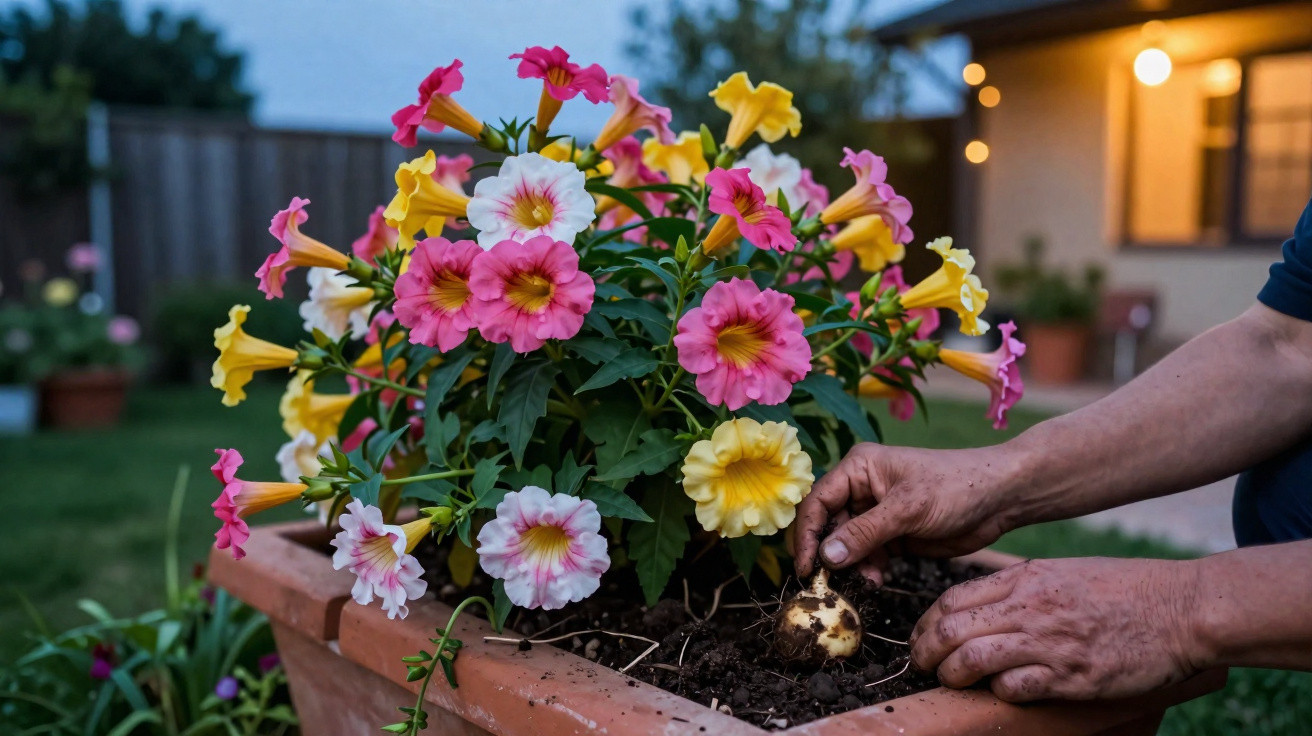 Mãos a plantar um bulbo de flor amarelo e rosa numa floreira com flores coloridas ao entardecer.