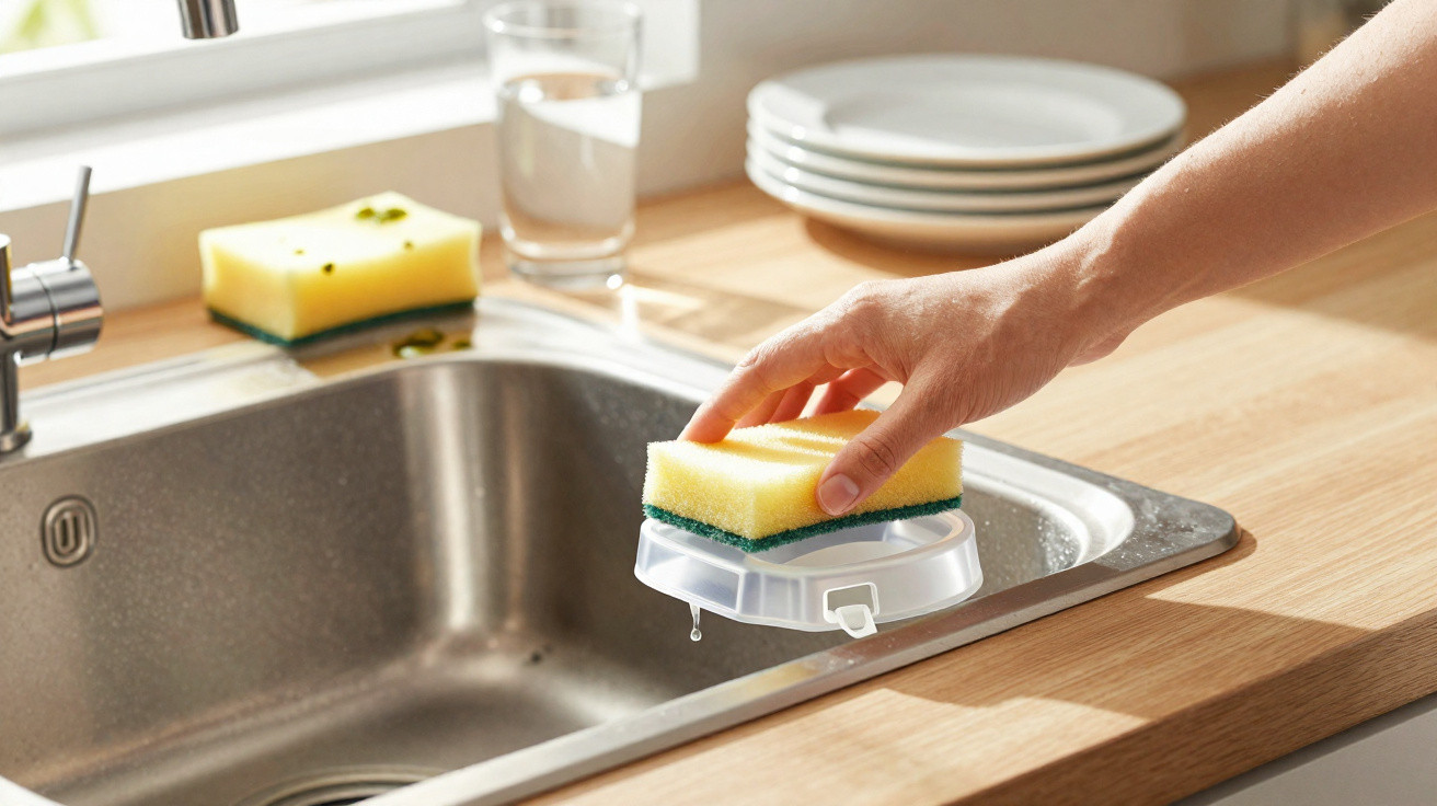 Mão segurando esponja amarela com base que drena água sobre pia numa cozinha com luz natural.