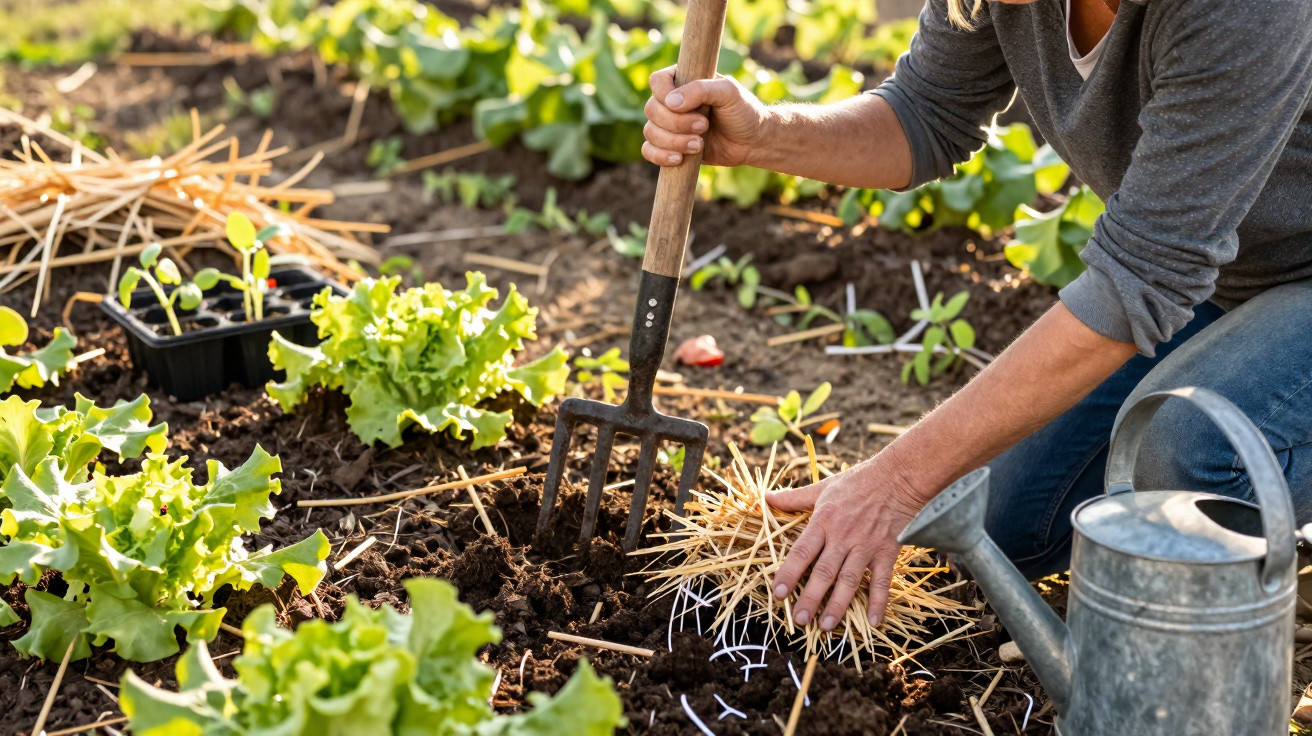 Pessoa a cultivar e cuidar de plantas de alface num jardim, com ancinho e regador metálico ao lado.