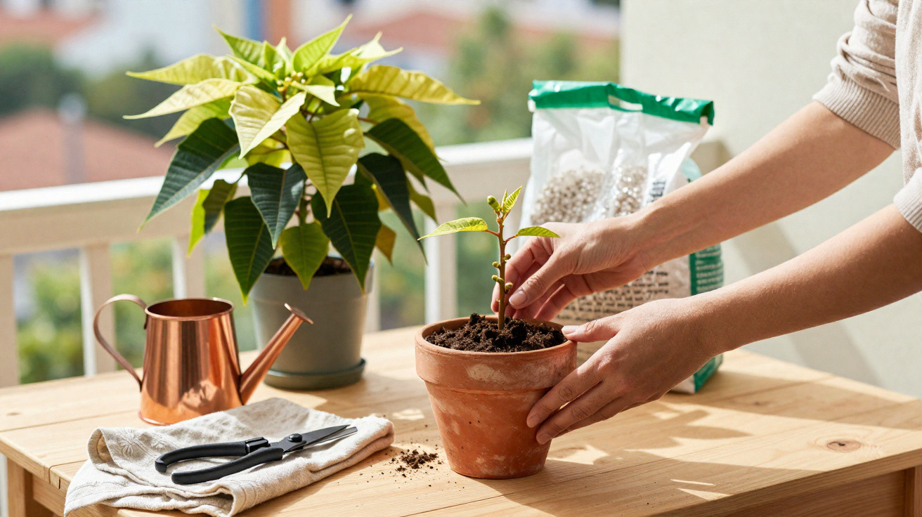 Mãos a cuidar de planta jovem em vaso, com regador, tesoura e planta adulta ao fundo numa varanda.