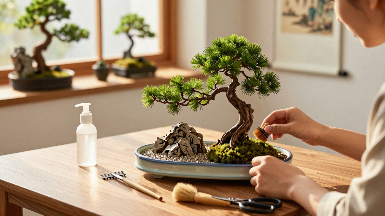 Pessoa a cuidar de uma árvore bonsai numa mesa com ferramentas de jardinagem e frasco de plástico.