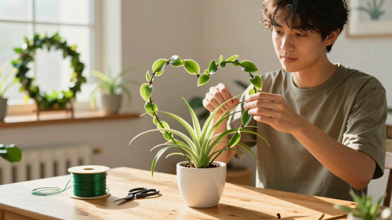 Pessoa a fazer decoração em planta com forma de coração numa sala iluminada.