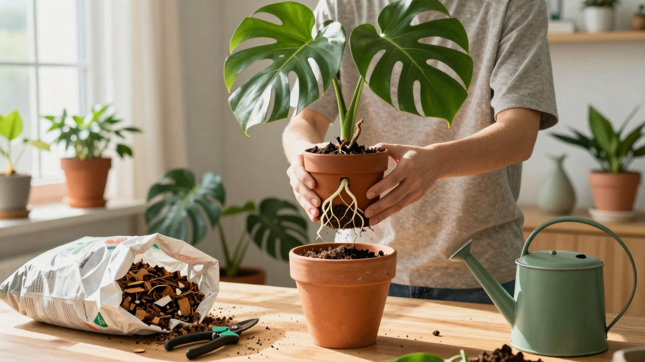 Pessoa transplantando planta com folhas grandes em vaso de barro num ambiente iluminado e com ferramentas.