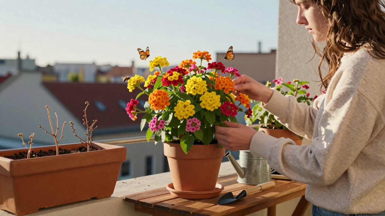 Mulher a cuidar de plantas coloridas num vaso, com borboletas numa varanda ensolarada.