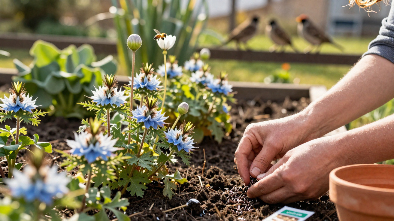 Pessoa a plantar sementes numa horta com flores azuis e abelha a voar perto das flores.
