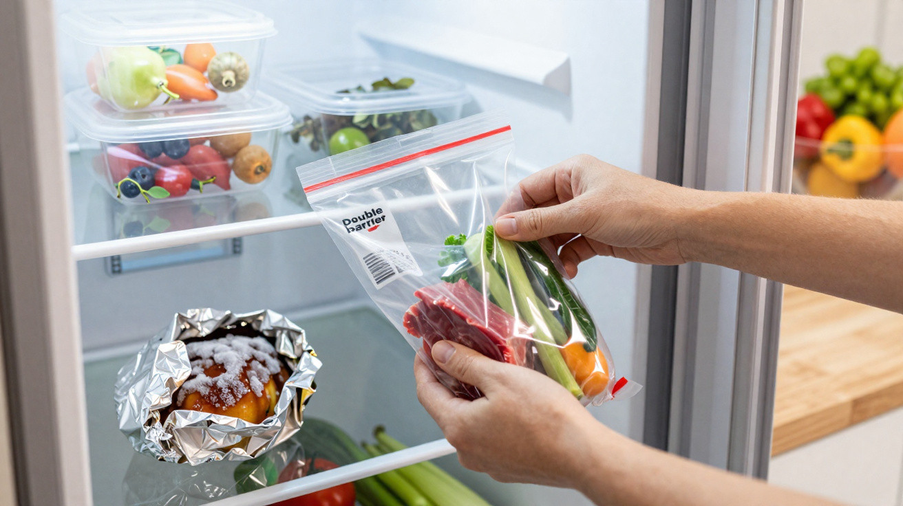 Mãos a guardar legumes e carne crua numa embalagem plástica num frigorífico com frutas e vegetais.