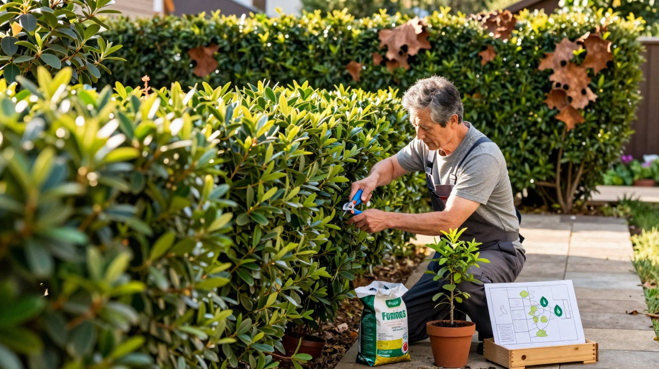 Homem poda sebe de arbusto verde junto a saco de fertilizante e planta em vaso num jardim ensolarado.