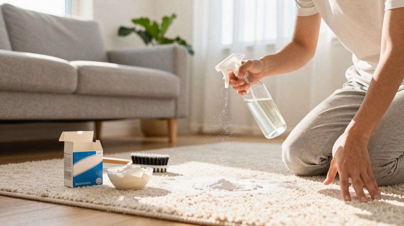 Pessoa a limpar nódoa num tapete branco com spray de limpeza caseira, escova e bicarbonato de sódio ao lado.