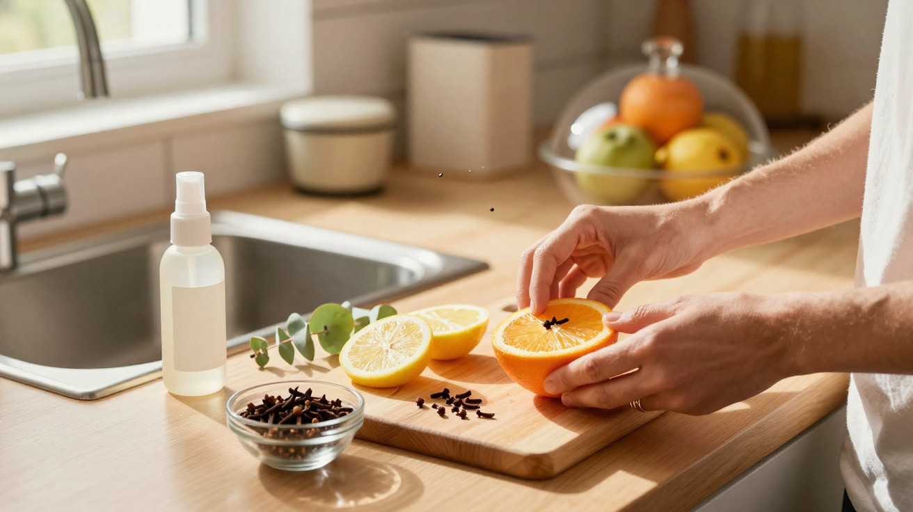 Mãos a inserir cravos numa laranja cortada numa tábua de cozinha com limões, cravos e borrifador próximo.