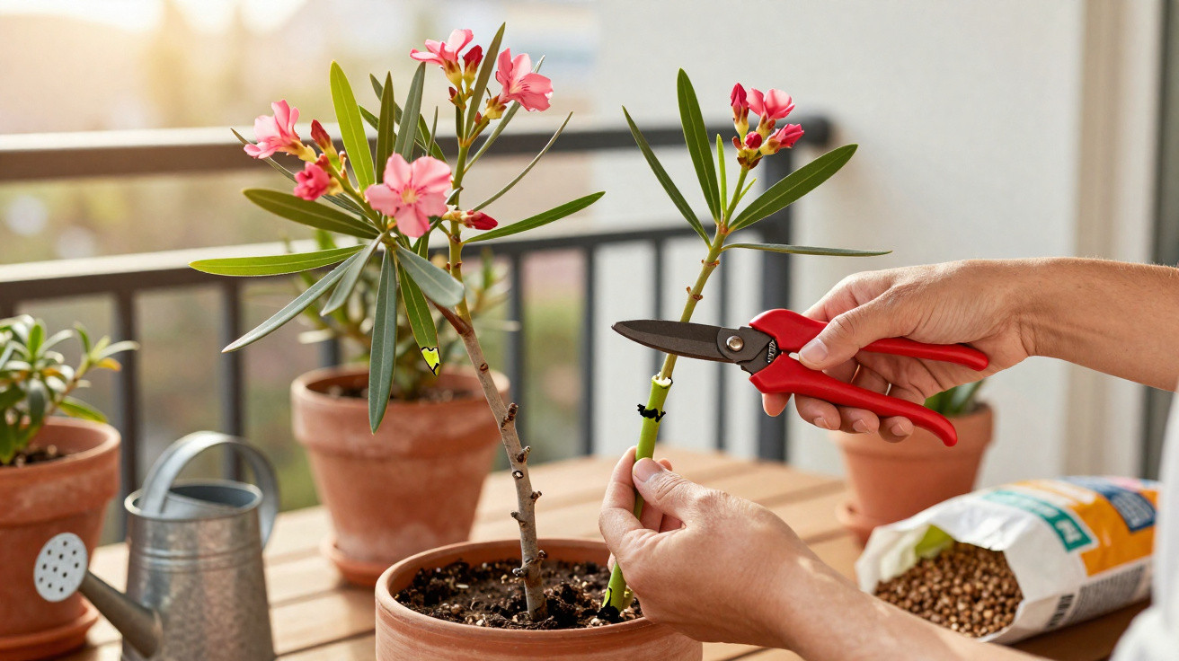 Mãos podando ramo de planta com flores cor-de-rosa num vaso de barro numa varanda ensolarada.