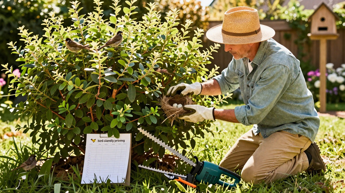 Homem a proteger um ninho com ovos num jardim, com aves e ferramentas de poda à volta.
