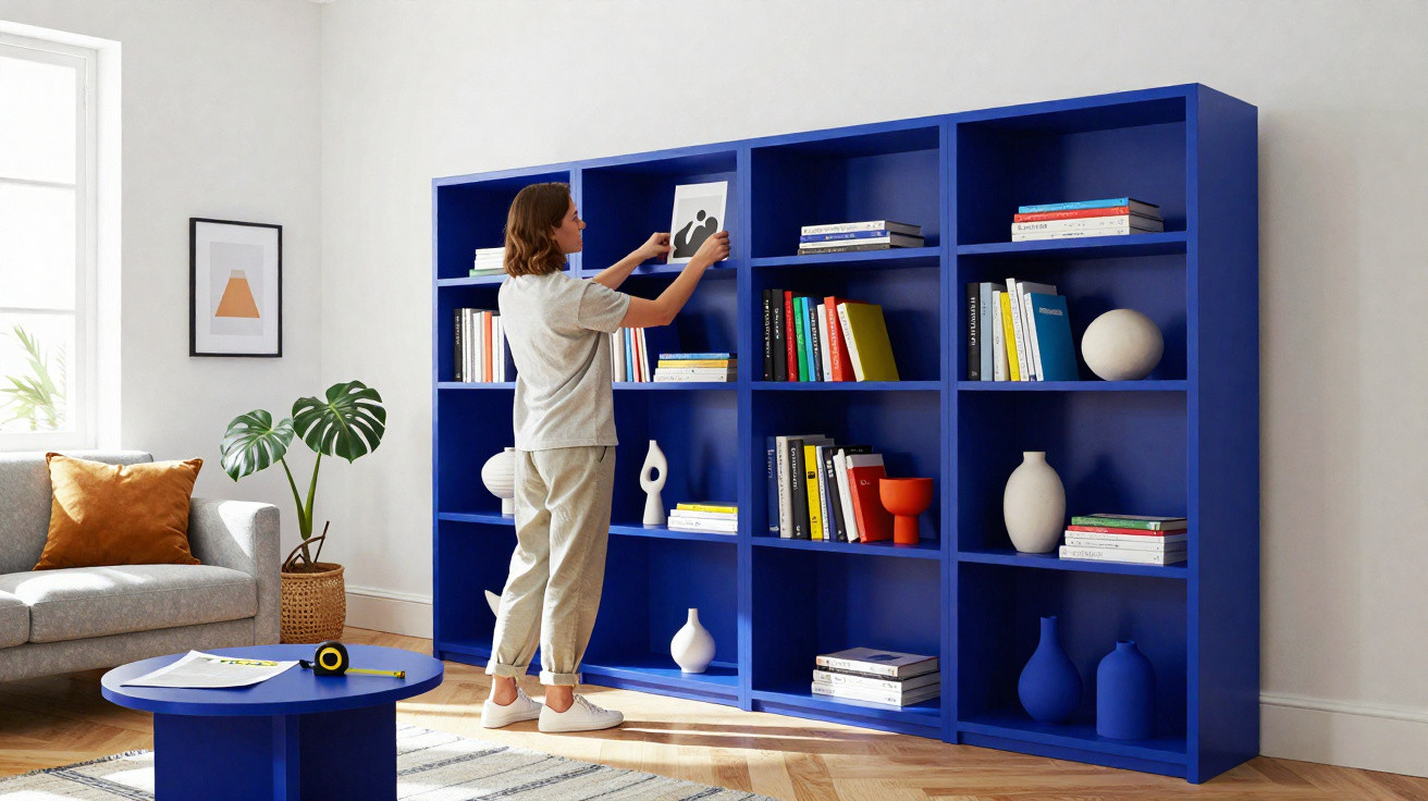 Pessoa a organizar livros numa estante azul numa sala luminosa com sofá cinzento e mesa redonda azul.