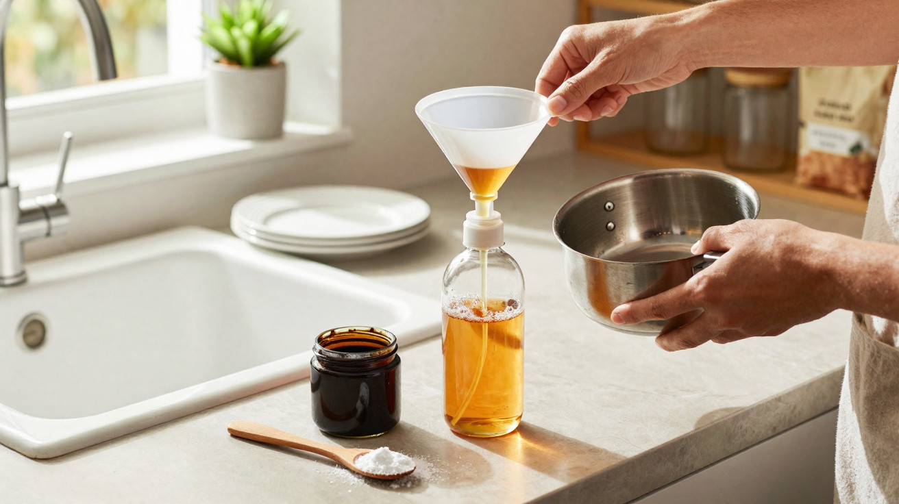 Pessoa a usar um funil para encher uma garrafa com líquido âmbar na cozinha, junto a frasco e colher com pó branco.