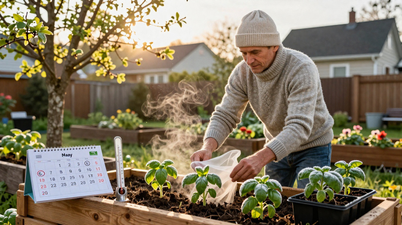 Homem a transplantar plantas jovens numa horta elevada ao ar livre durante o dia.