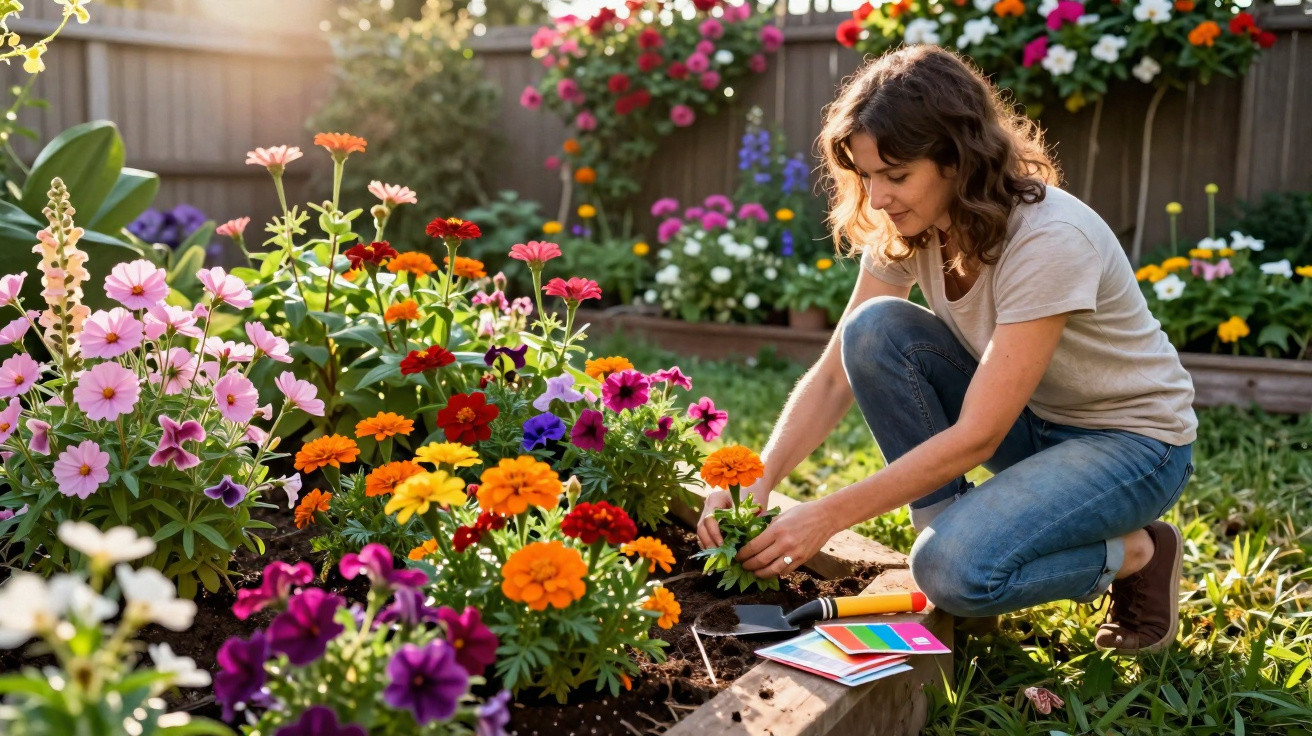 Mulher a cuidar de flores coloridas num jardim com luz solar suave ao fundo.