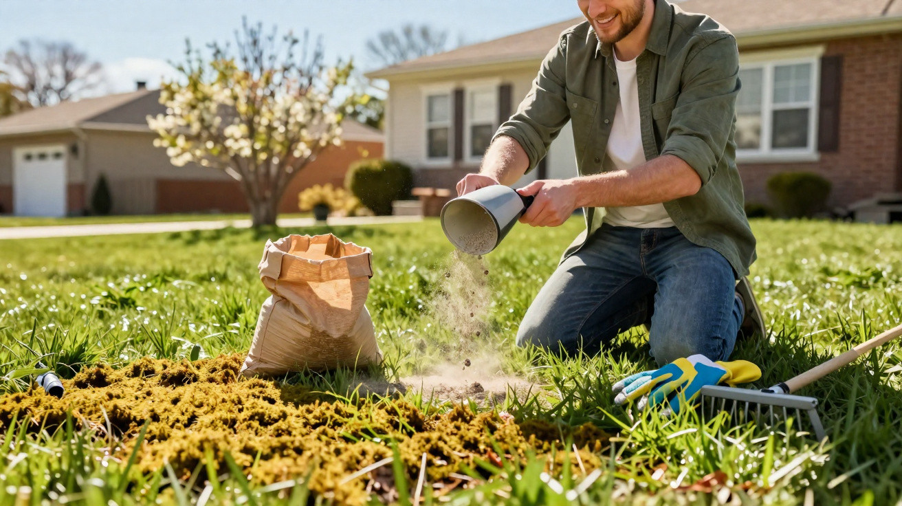 Homem a espalhar sementes num jardim com ferramentas de jardinagem ao seu lado.