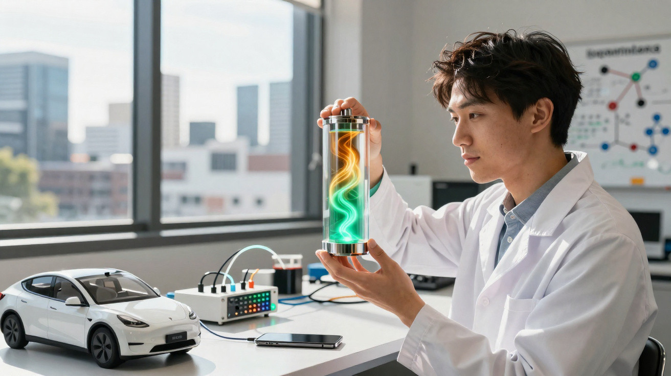 Cientista com bata branca segura dispositivo futurista com luzes verdes e laranja numa mesa com mini carro branco.