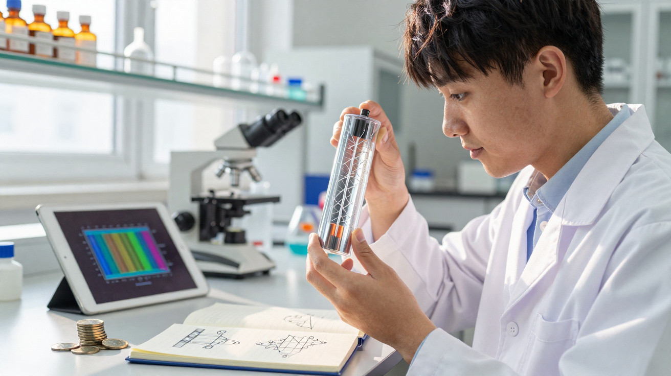 Cientista analisa tubo de ensaio com líquido transparente em laboratório moderno com microscópio e tablet.