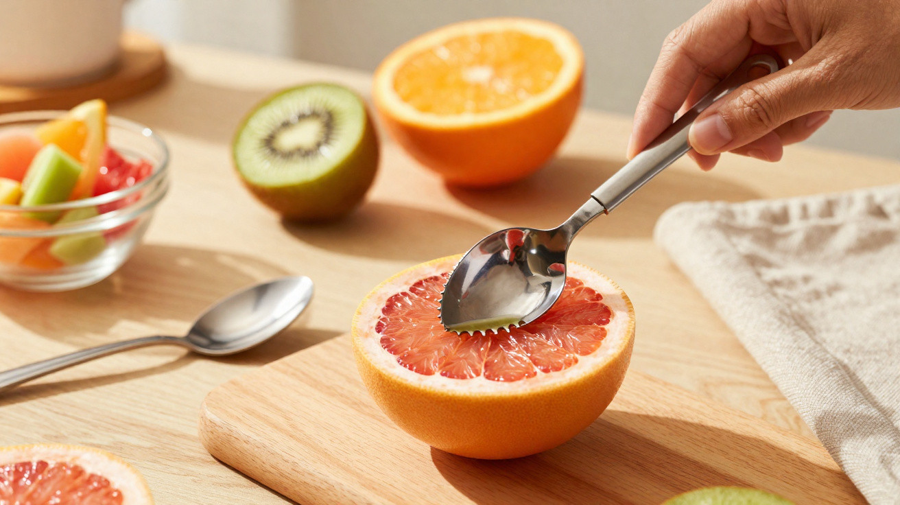 Mão a usar colher dentada para comer toranja em meio cortado, com kiwi, laranja e taça com frutas ao fundo.