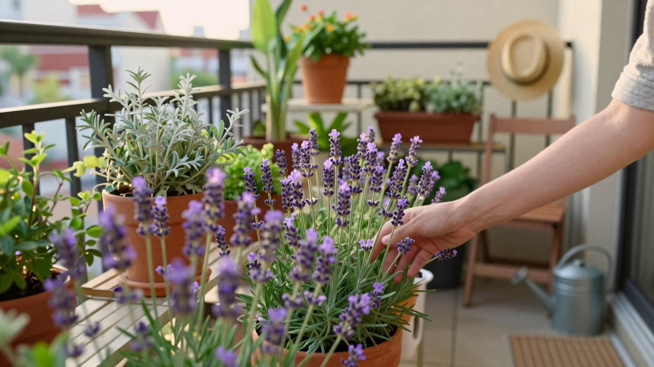 Varanda com diversas plantas em vasos de barro, incluindo lavanda, e mão a tocar as flores.