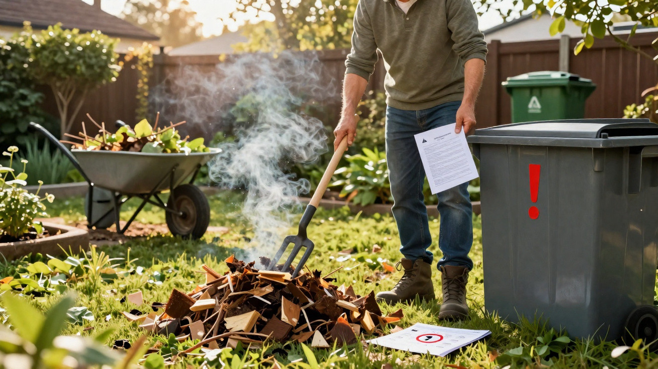 Homem a arejar compostagem húmida num jardim com uma forquilha e lixo perto.