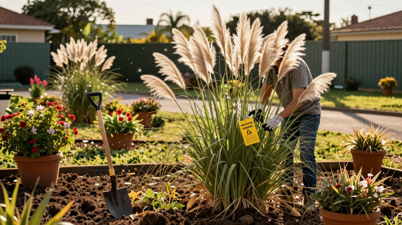 Pessoa a cuidar de plantas altas e flores num jardim com vários vasos ao redor ao pôr do sol.