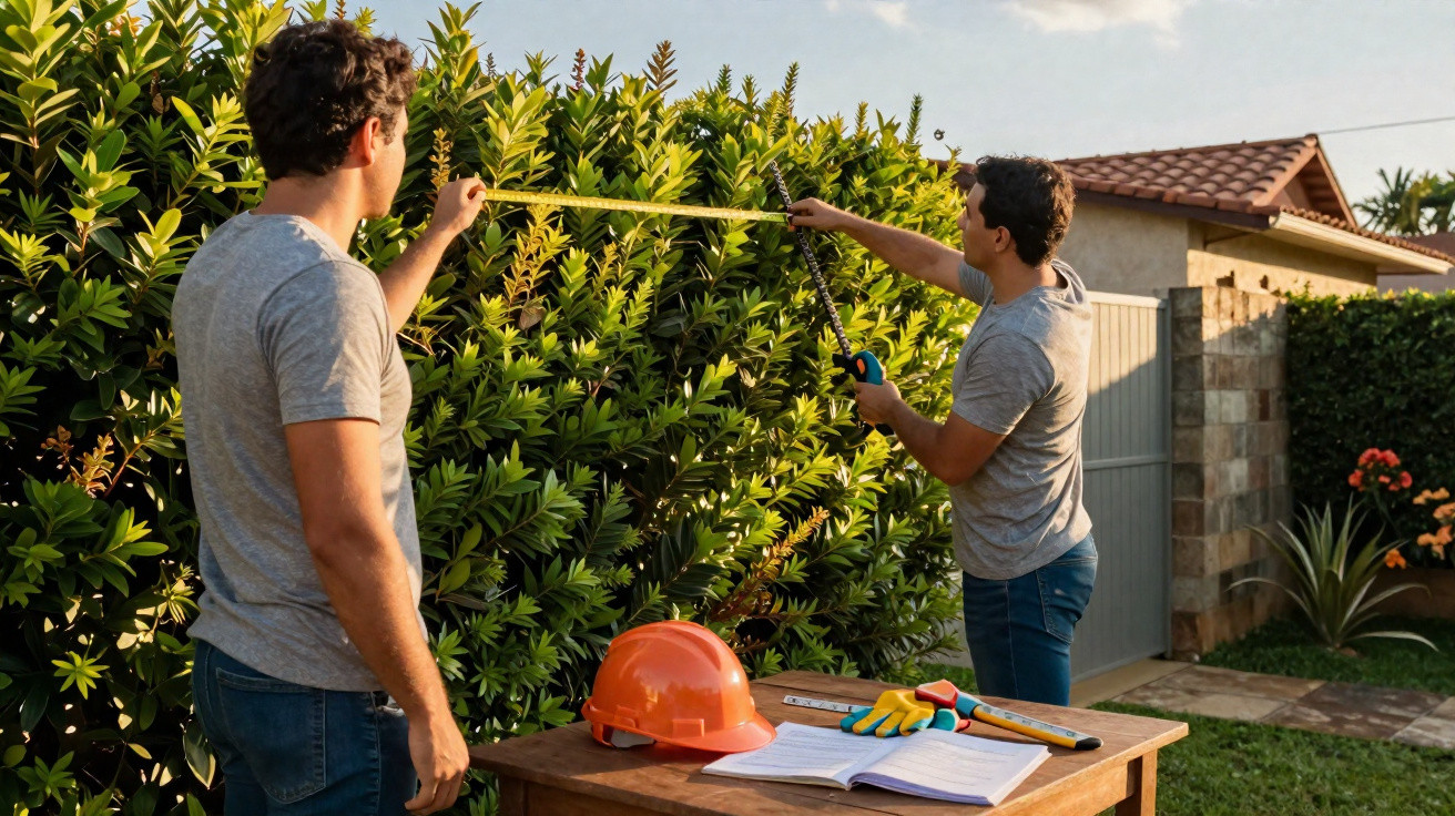 Duas homens a podar plantas num jardim com ferramentas e proteção sobre a mesa.
