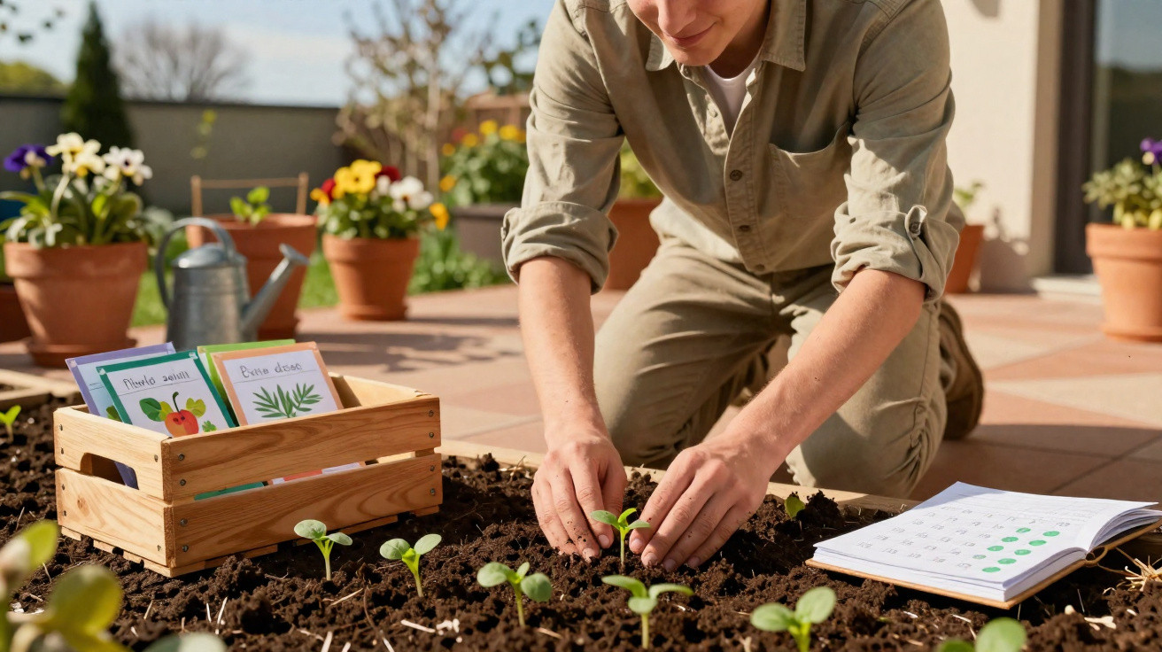 Pessoa a plantar pequenas mudas numa horta, com caixa de sementes e caderno para anotar cuidados.