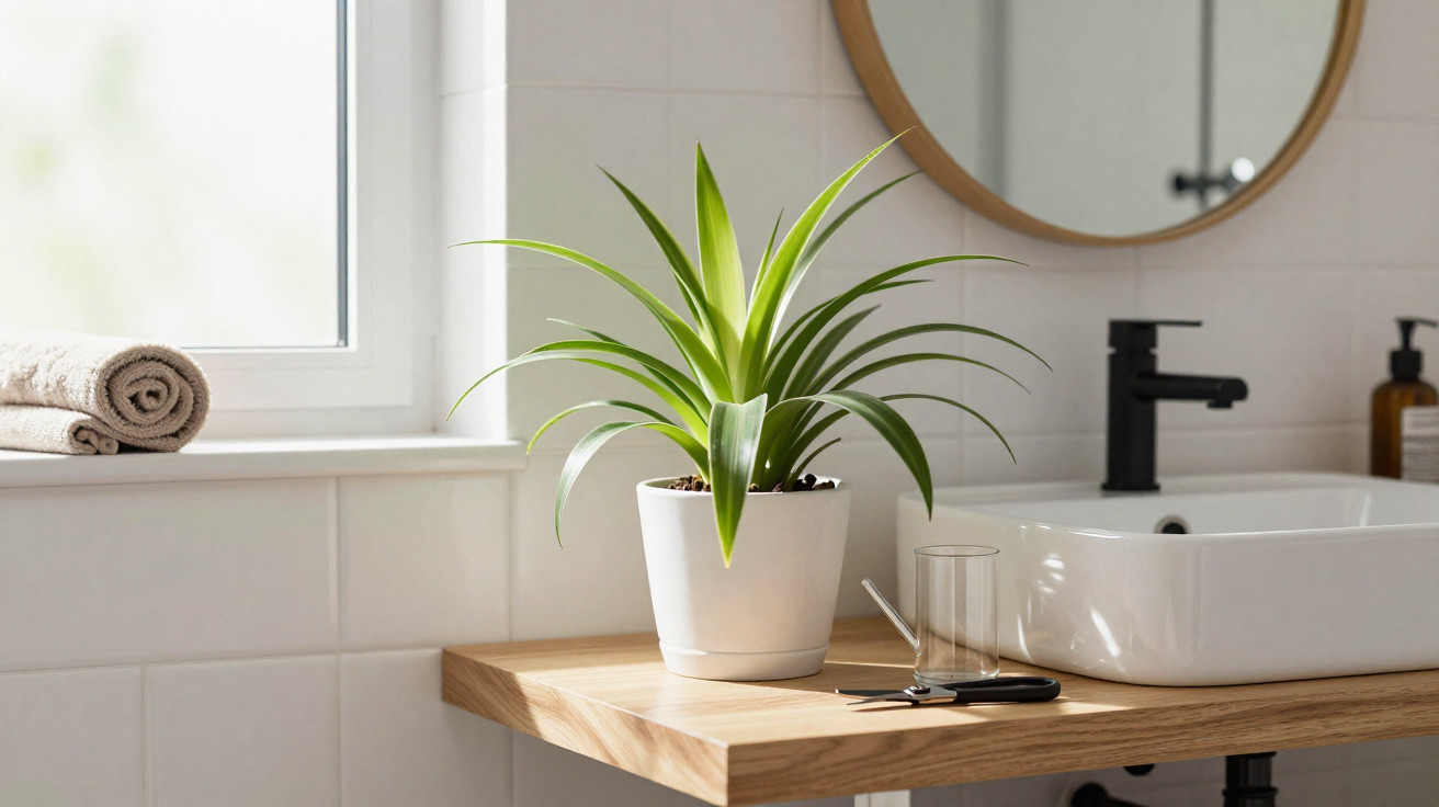Planta em vaso branco sobre bancada de madeira em casa de banho iluminada com torneira preta e toalha enrolada.
