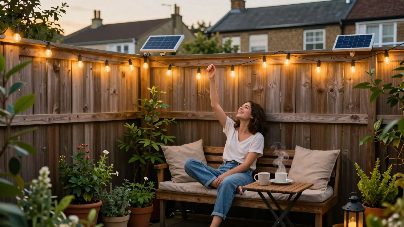 Mulher sentada no banco de jardim, ajustando luzes de corda solares num espaço exterior acolhedor ao entardecer.