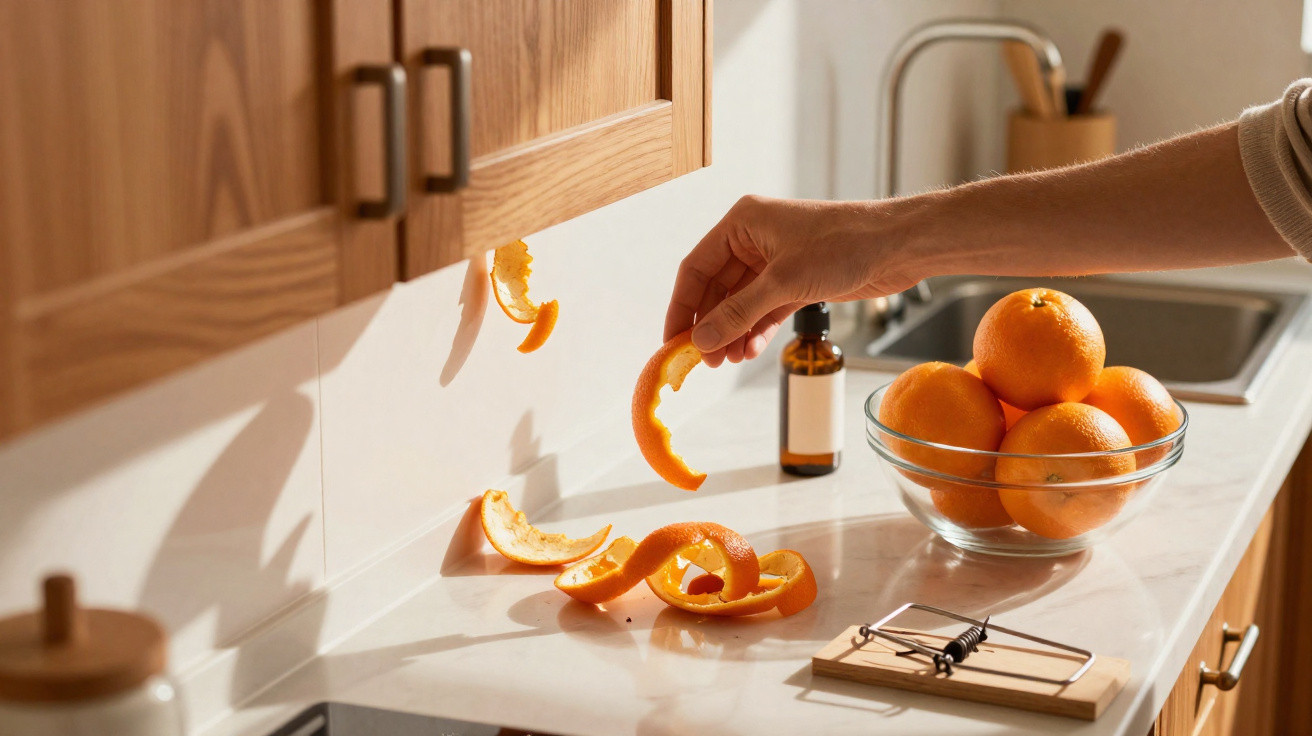 Mão a pendurar casca de laranja numa cozinha moderna, com tábua de ratoeira e taça com laranjas na bancada.