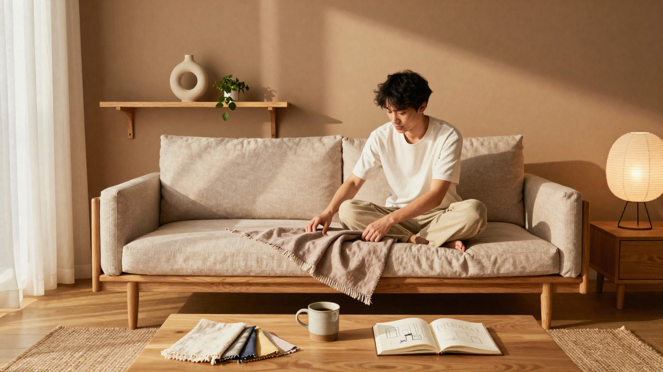 Homem sentado no sofá a arrumar uma manta numa sala de estar com decoração minimalista e luz suave.