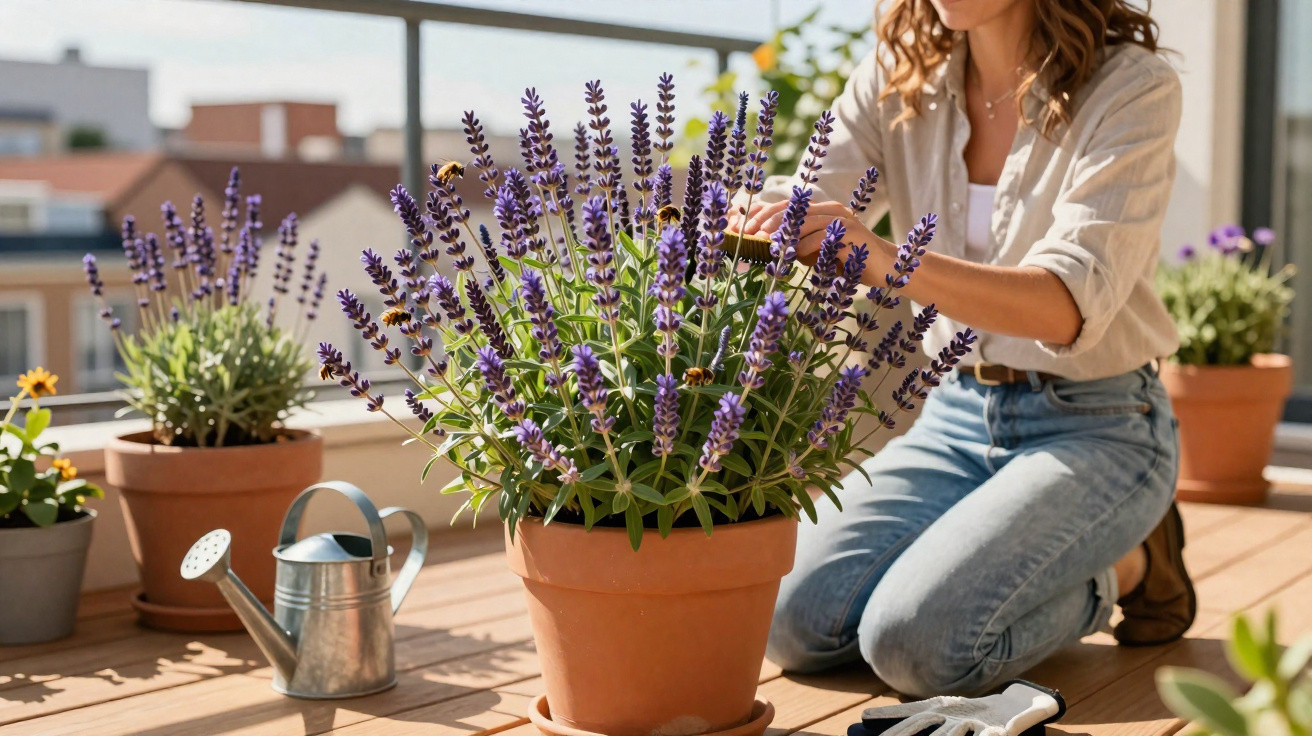 Mulher a cuidar de plantas de lavanda em vasos num terraço ensolarado.