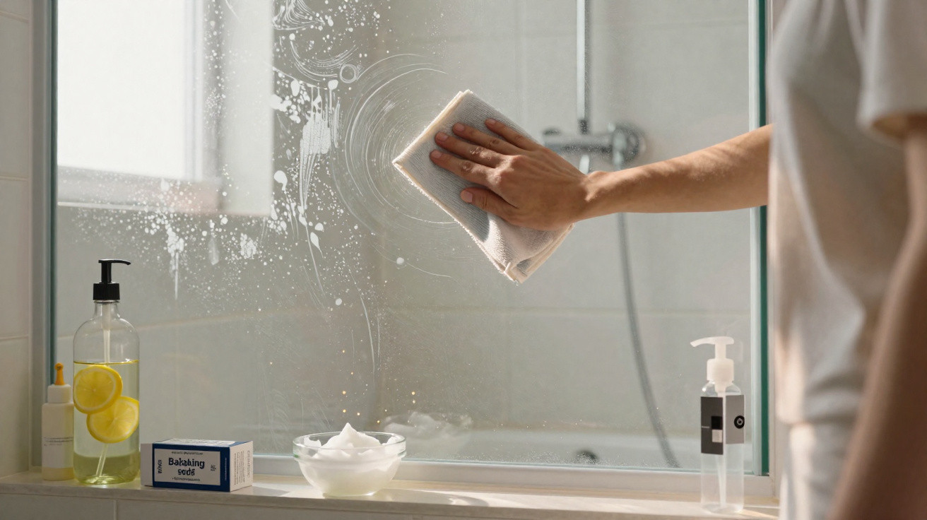 Pessoa a limpar uma divisória de vidro de chuveiro com um pano branco em casa de banho moderna.