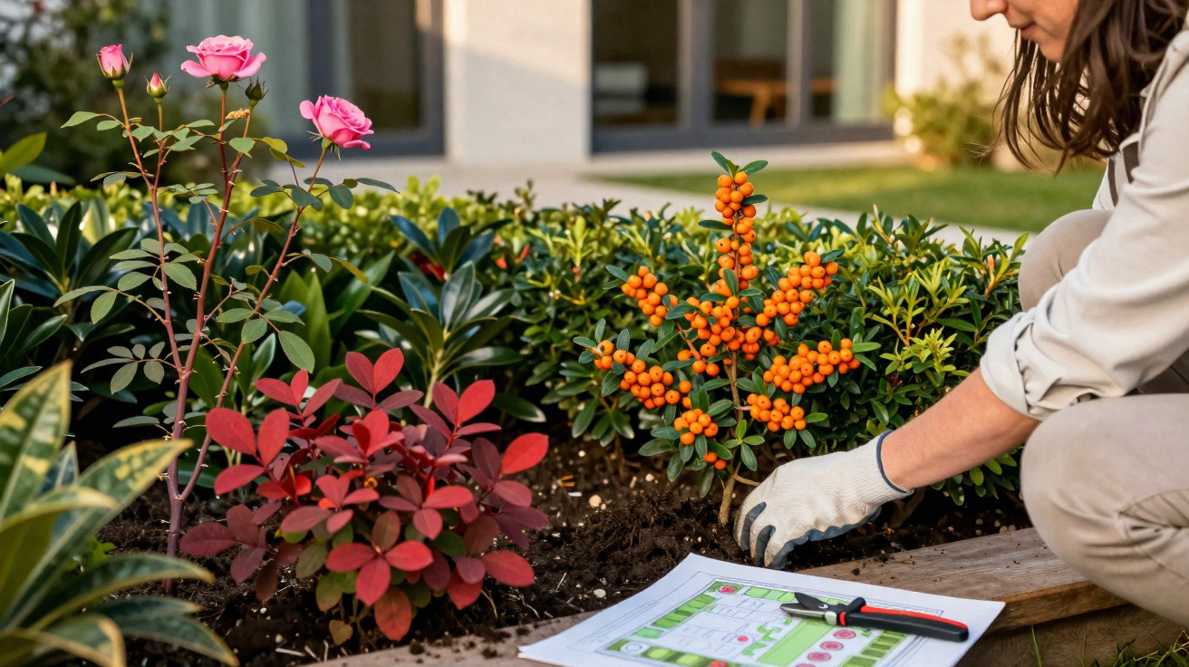Pessoa a plantar arbusto com bagas laranja num jardim, perto de plantações e ferramenta de jardinagem.