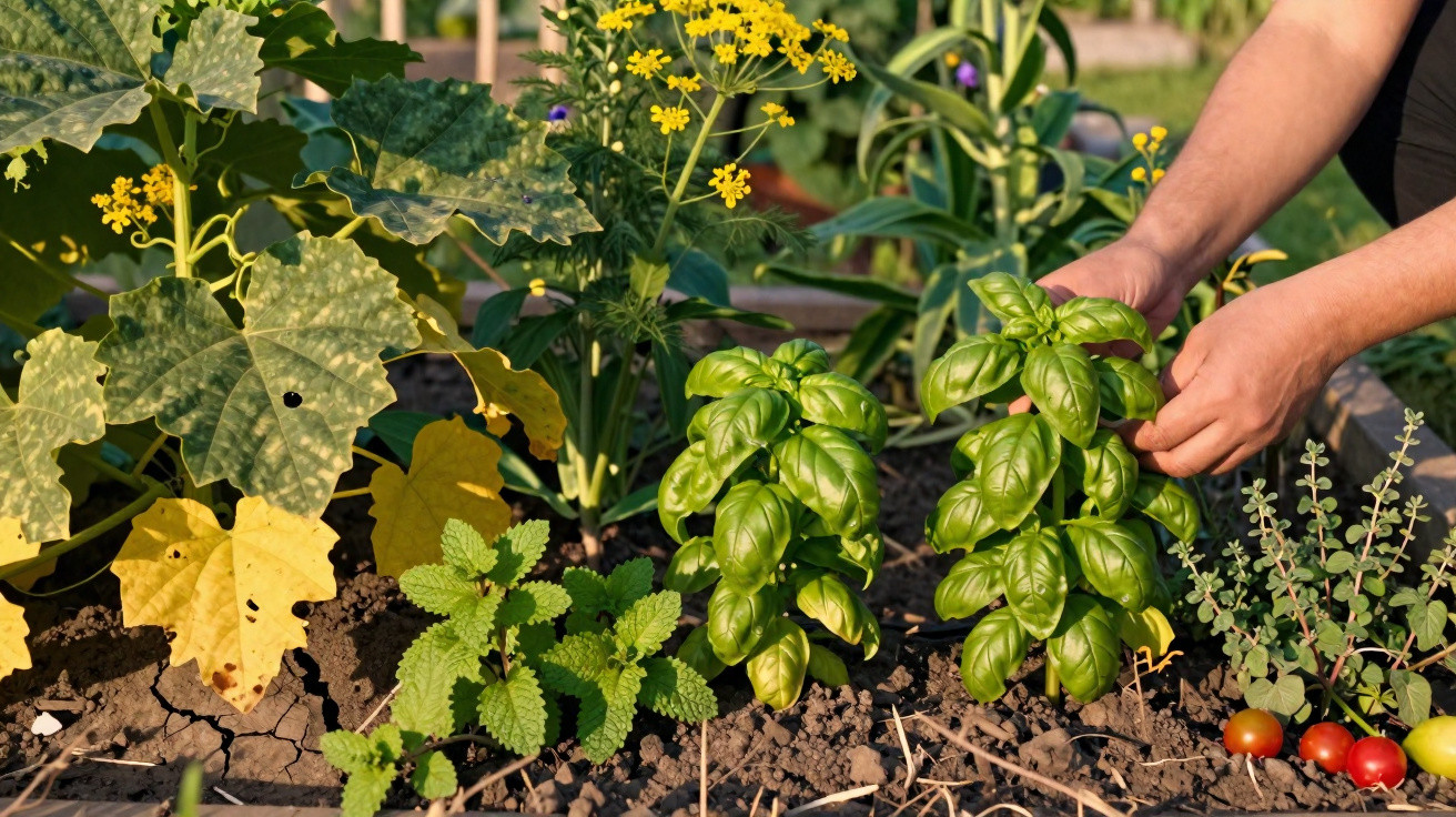 Mãos a colher manjericão num jardim com várias ervas aromáticas e tomates cherry.