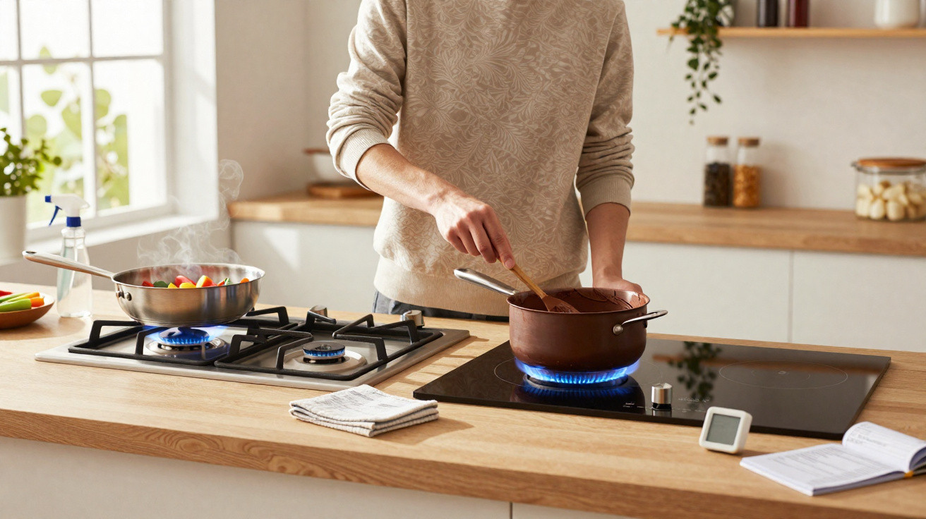 Pessoa a mexer uma panela numa placa de fogão a gás numa cozinha moderna e luminosa.