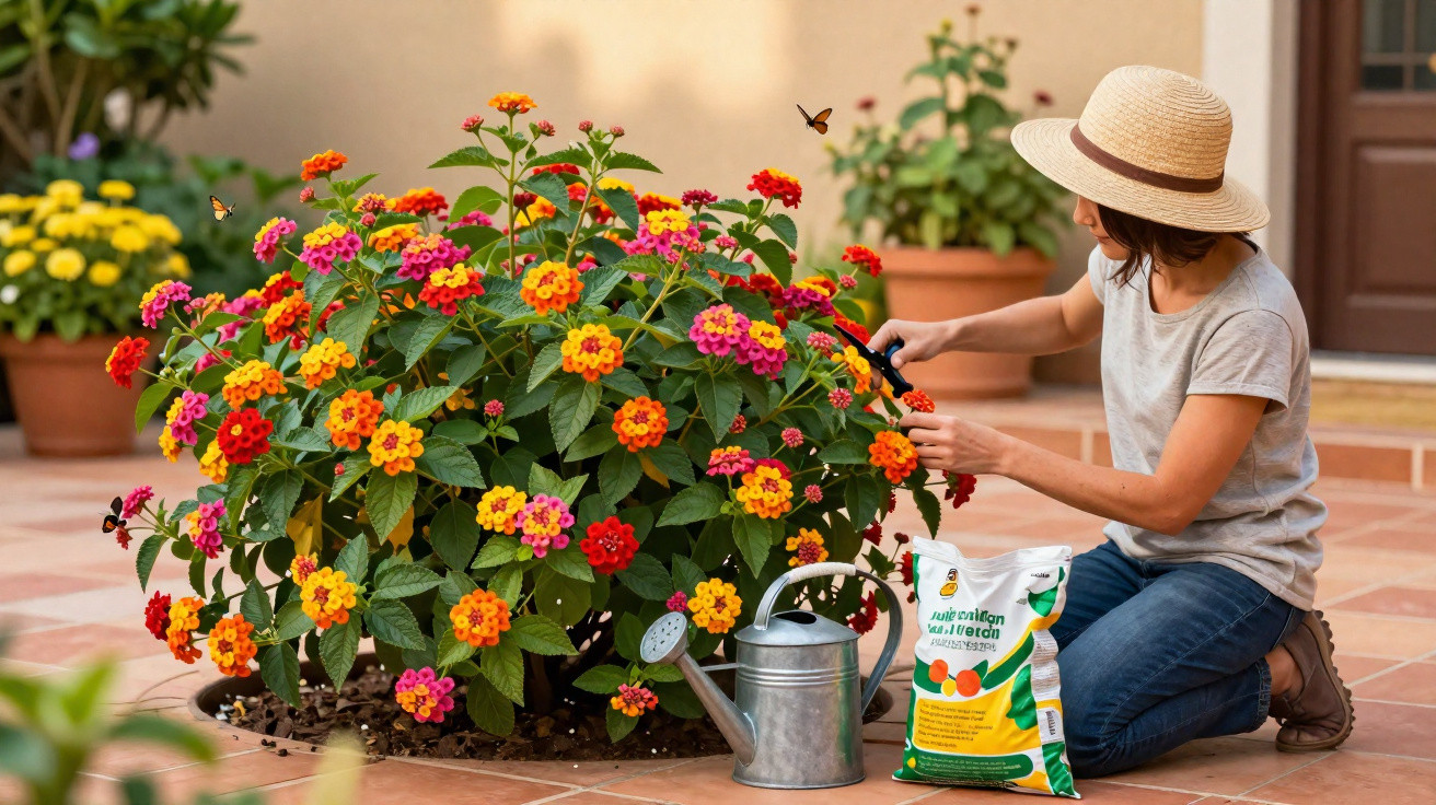 Mulher de chapéu a cuidar de planta florida com flores cor-de-laranja, vermelhas e rosas num pátio.
