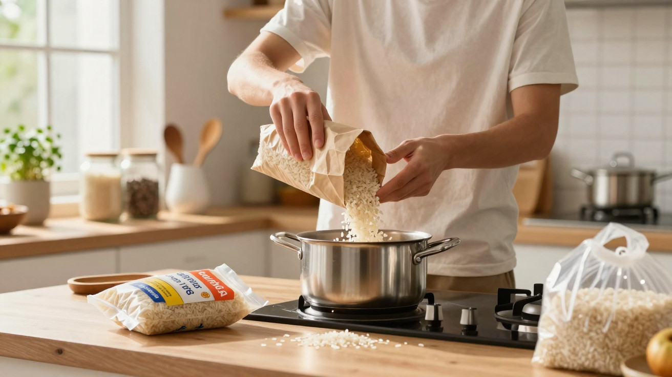 Pessoa a colocar arroz num tacho na cozinha moderna com sacos de arroz sobre a bancada de madeira.