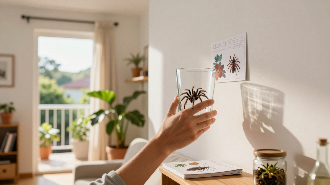 Mão a segurar copo com aranha dentro junto a parede com cartaz e sombra da aranha visíveis.