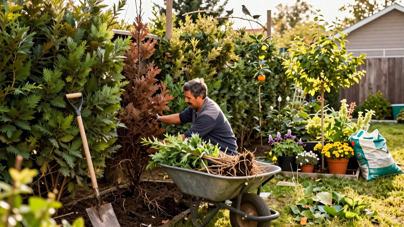 Homem a cuidar de plantas num jardim com carrinho cheio de ramos e enxada encostada na terra.