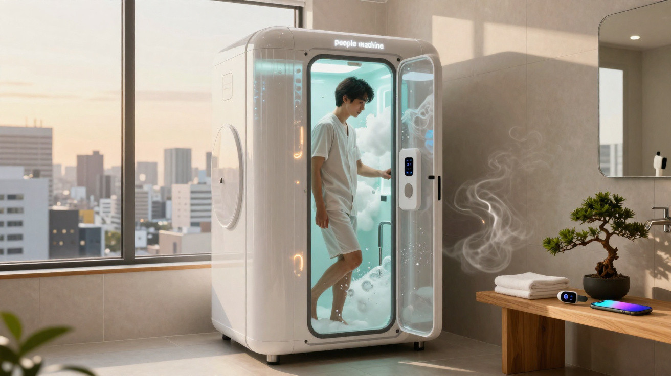 Homem dentro de máquina futurista de banho a vapor numa casa com vista para cidade ao pôr do sol.