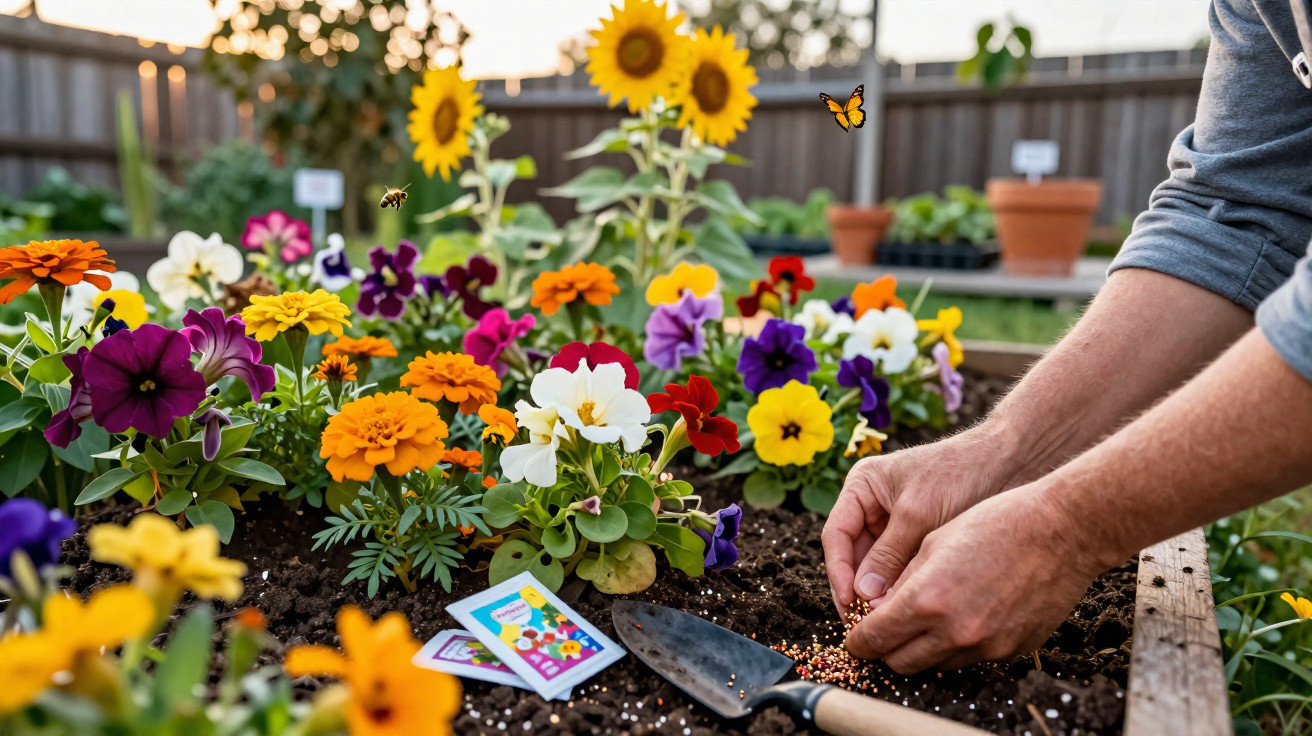 Mãos de homem a semear em canteiro com flores coloridas e girassóis ao fundo numa horta doméstica.