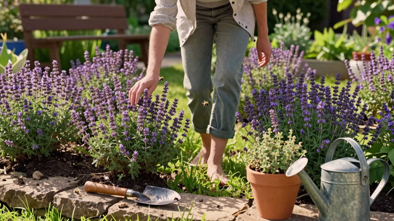 Pessoa a cuidar de plantas de lavanda num jardim, com regador e enxada no chão.