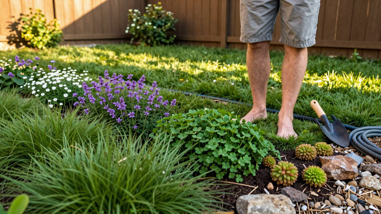 Pessoa de pé descalça num jardim com flores, plantas e ferramentas de jardinagem ao lado.