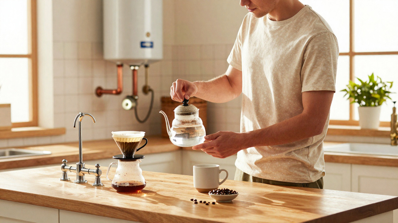 Homem a preparar café por método de coagem na cozinha com jarro, chávena e grãos de café numa bancada de madeira.