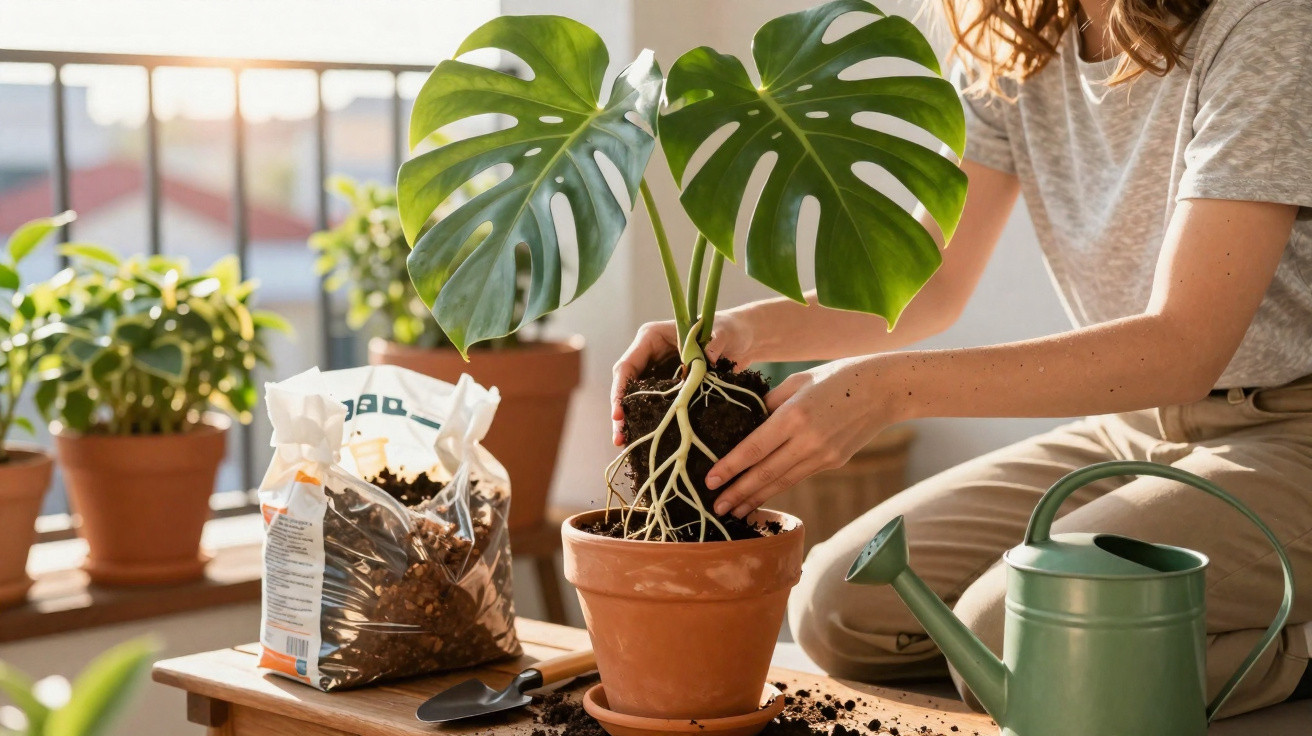 Pessoa a transplantar uma planta com folhas grandes verdes num vaso de barro numa varanda ensolarada.